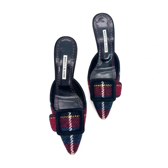 Manolo Blahnik Maysale Plaid Tweed Slip On Kitten Heel Mules 39.5 - Picture 5 of 10